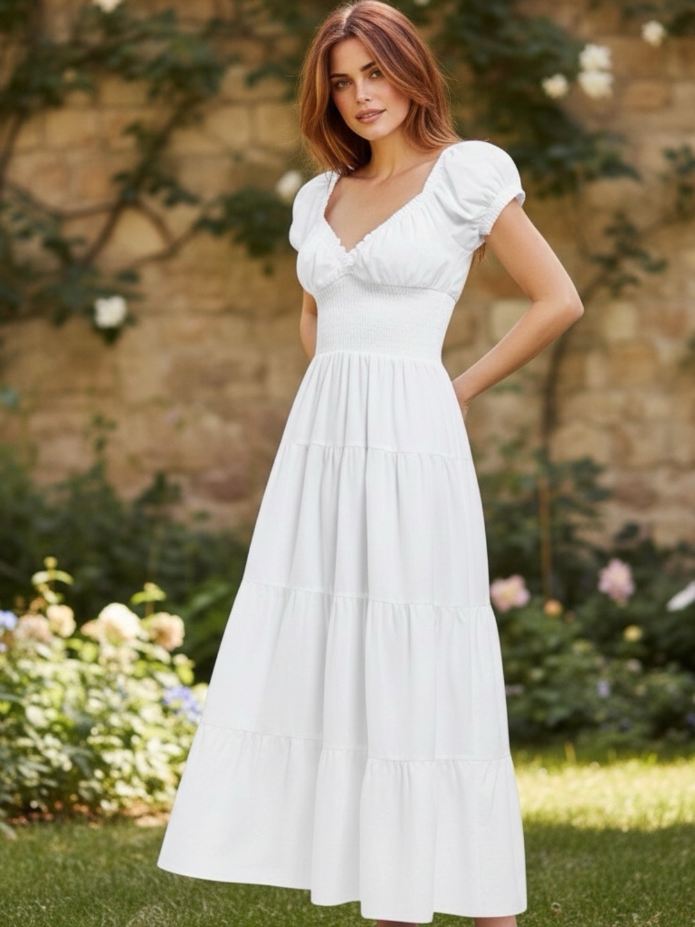 NWT DANIELLE BERNSTEIN White Puff-Sleeve v-neck tiered skirt midi dress Sz:XL